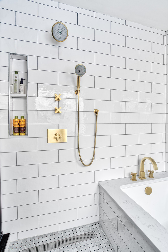 Sleek White And Brass Shower With Niche Modern Bathroom New York By Kraftmaster Renovations - Large White Tile Bathroom Shower Sleek White And Brass Shower With Niche Modern Bathroom New York By Kraftmaster Renovations - Large White Tile Bathroom Shower