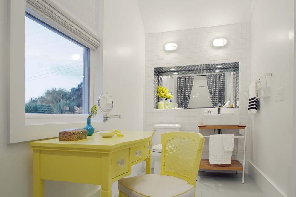 Design ideas for a coastal grey and yellow family bathroom in Atlanta with metro tiles.