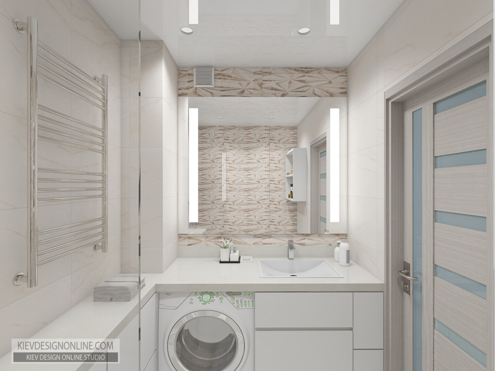 На фото: маленькая ванная комната в стиле модернизм с бежевой плиткой, керамической плиткой, полом из керамической плитки и бежевым полом для на участке и в саду с