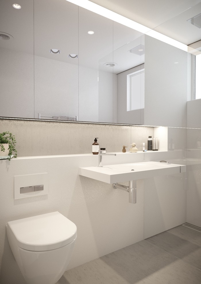 Idée de décoration pour une petite salle de bain principale design avec une douche ouverte, WC suspendus, un carrelage beige, des carreaux de béton, un mur blanc, carreaux de ciment au sol, un lavabo suspendu, un plan de toilette en surface solide, un sol gris et aucune cabine.