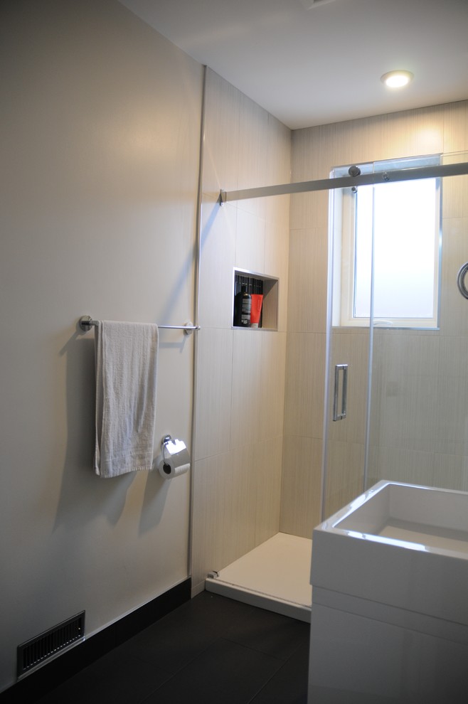 Idee per una piccola stanza da bagno minimalista con ante bianche, doccia alcova, WC a due pezzi, piastrelle nere, piastrelle in gres porcellanato e pavimento in gres porcellanato