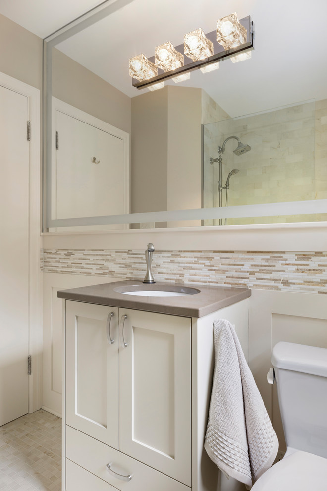 Photo of a small traditional shower room bathroom in Minneapolis with shaker cabinets, beige cabinets, a built-in shower, a one-piece toilet, beige tiles, marble tiles, beige walls, mosaic tile flooring, a submerged sink, engineered stone worktops, beige floors, an open shower and brown worktops.