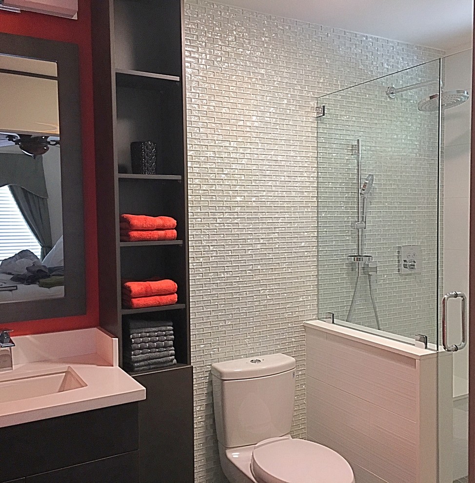 Inspiration for a small contemporary shower room bathroom in San Diego with flat-panel cabinets, dark wood cabinets, glass tiles, orange walls, porcelain flooring and engineered stone worktops.