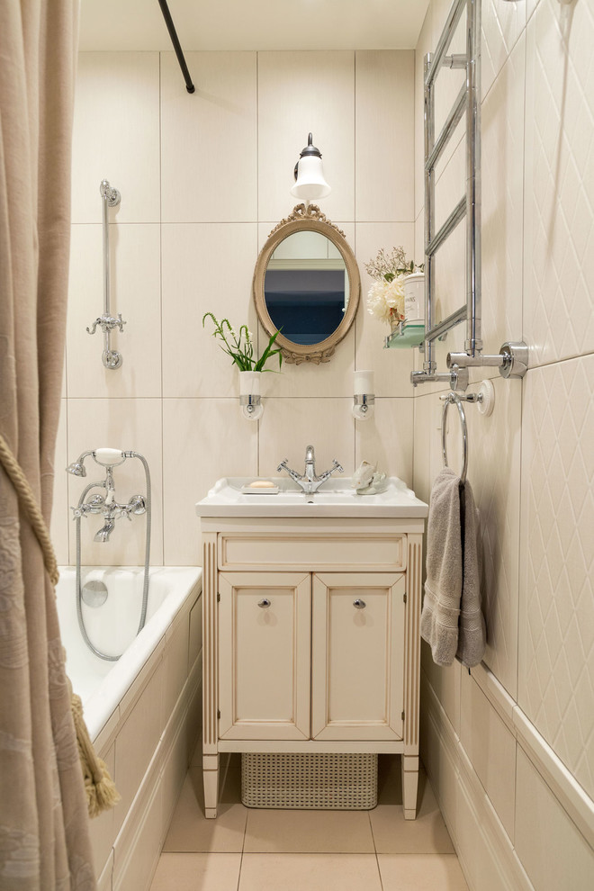 Elegant master white tile bathroom photo in Moscow with recessed-panel cabinets, white cabinets and a drop-in sink