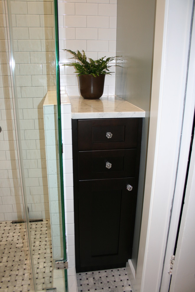 Photo of a small classic shower room bathroom in San Francisco with a pedestal sink, shaker cabinets, dark wood cabinets, marble worktops, a corner shower, a two-piece toilet, white tiles, ceramic tiles, grey walls and marble flooring.