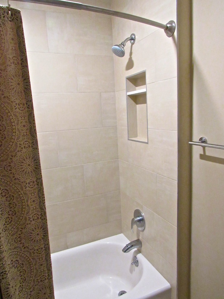 Photo of a small classic family bathroom in DC Metro with freestanding cabinets, dark wood cabinets, an alcove bath, a corner shower, a two-piece toilet, beige tiles, ceramic tiles, beige walls, ceramic flooring, a submerged sink, engineered stone worktops, beige floors and a shower curtain.