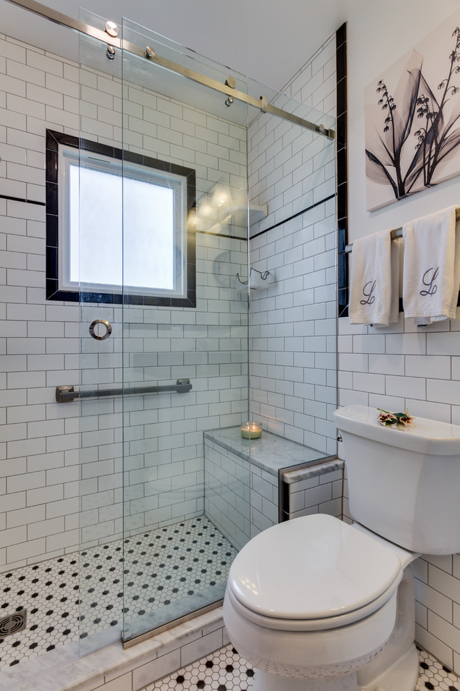 Inspiration for a small classic shower room bathroom in DC Metro with shaker cabinets, white cabinets, a corner shower, white tiles and engineered stone worktops.