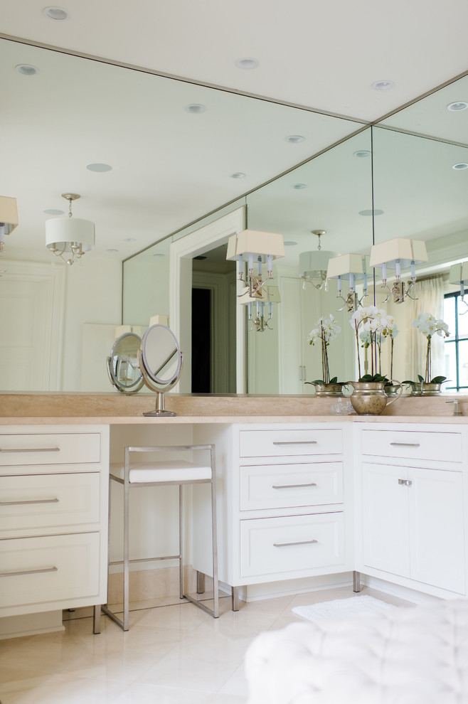 Bathroom - mid-sized transitional master marble floor and beige floor bathroom idea in Dallas with white cabinets, marble countertops, beige countertops, shaker cabinets, beige walls and an undermount sink