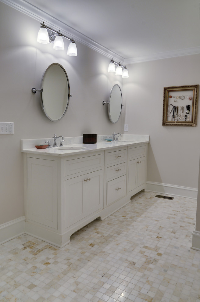 Freestanding bathtub - mid-sized transitional master multicolored tile and mosaic tile mosaic tile floor freestanding bathtub idea in Atlanta with an undermount sink, recessed-panel cabinets, white cabinets, marble countertops and white walls