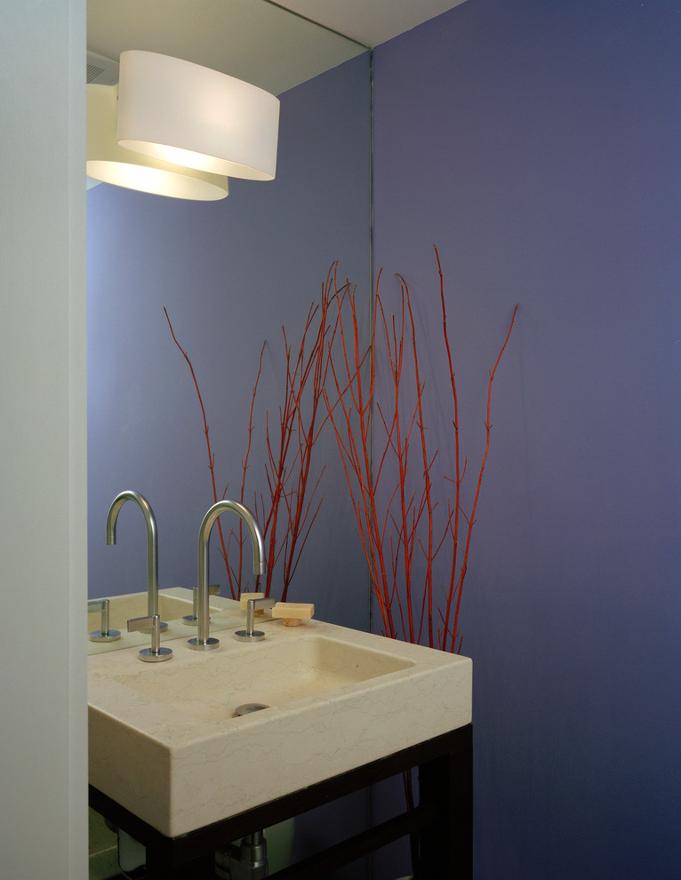 Foto di una piccola stanza da bagno moderna con lavabo a colonna e pareti blu