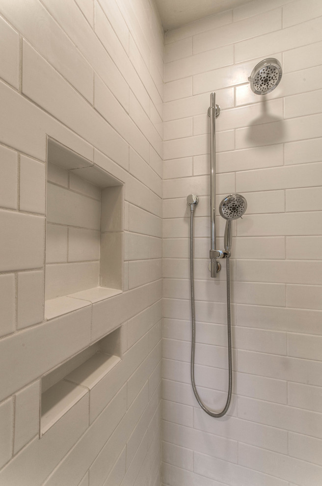 Doorless shower - mid-sized farmhouse white tile and ceramic tile cement tile floor doorless shower idea in Atlanta with gray cabinets and an undermount sink