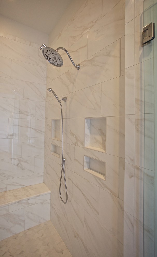 Medium sized traditional ensuite bathroom in Charleston with an alcove shower, white tiles and porcelain tiles.