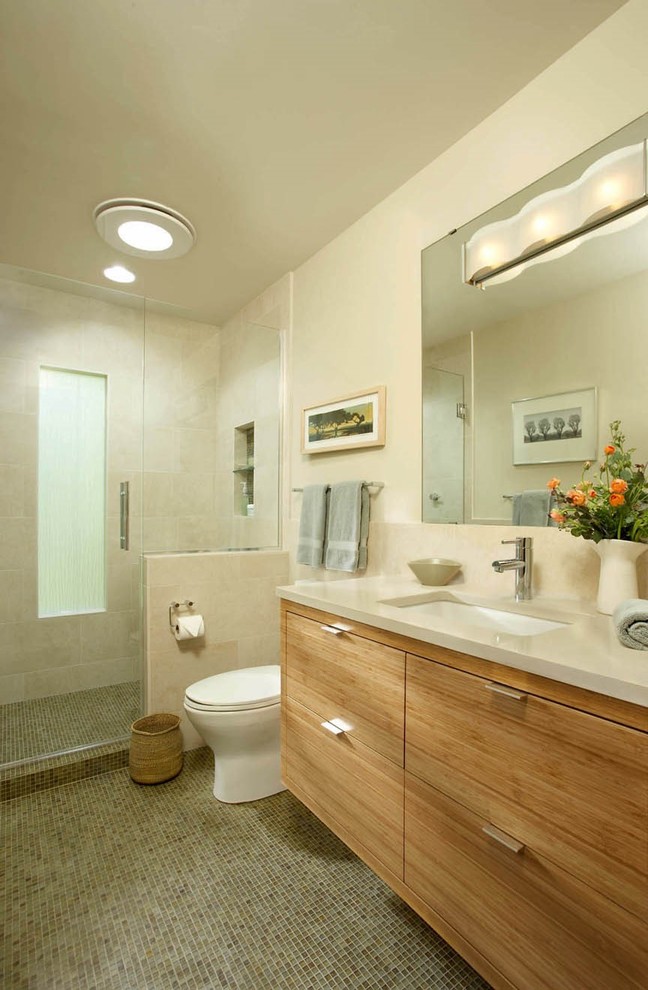 Photo of a medium sized contemporary shower room bathroom in Minneapolis with light wood cabinets, mosaic tile flooring, a submerged sink and engineered stone worktops.