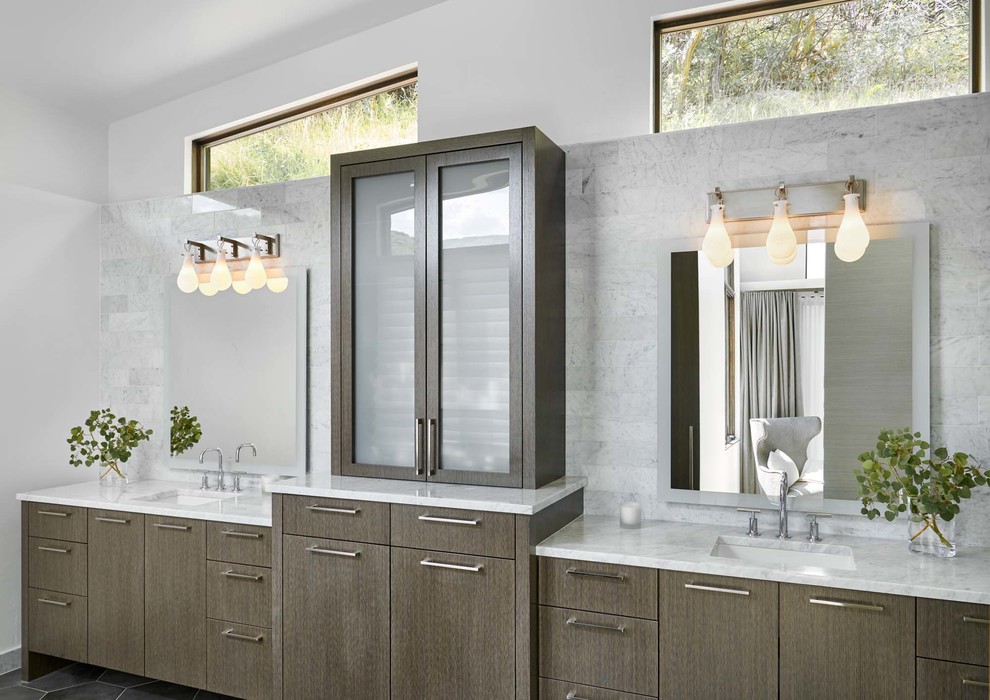 Mid-sized transitional master white tile gray floor bathroom photo in Denver with flat-panel cabinets, dark wood cabinets, white walls, an undermount sink, white countertops and marble countertops