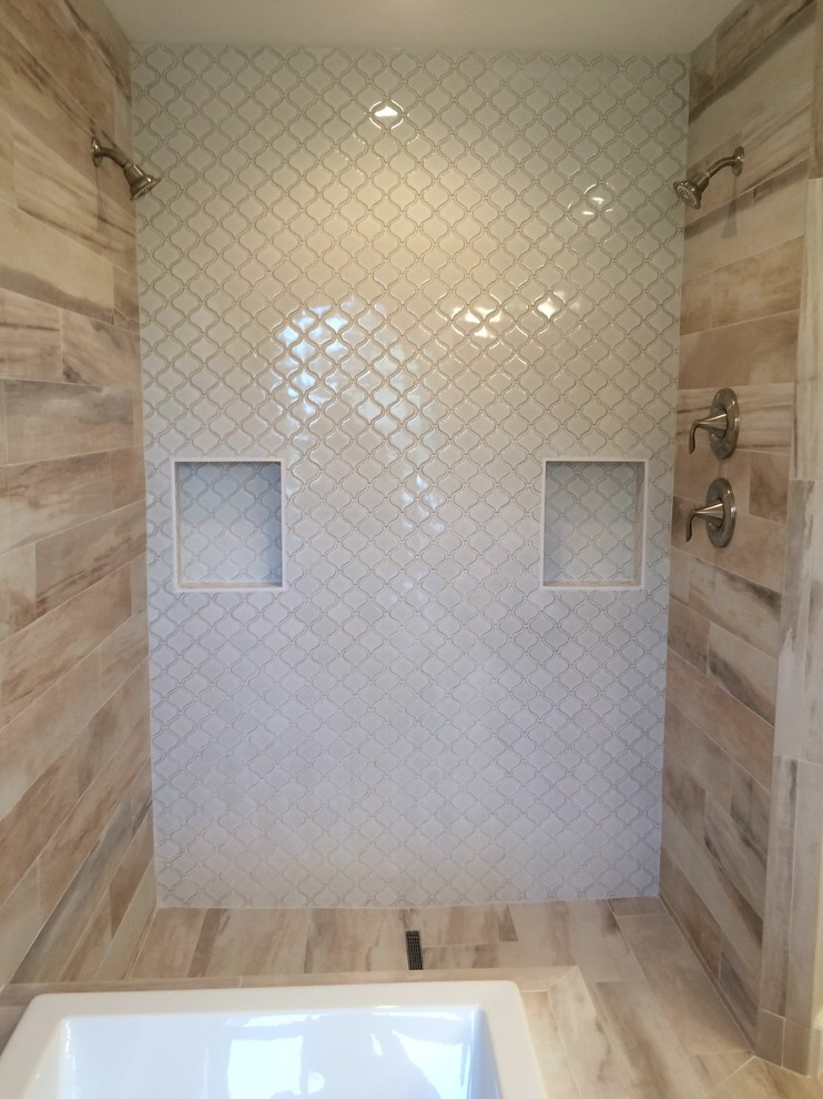 Bathroom - large shabby-chic style master beige tile and porcelain tile porcelain tile bathroom idea in Tampa with flat-panel cabinets, dark wood cabinets, a two-piece toilet, gray walls, an undermount sink and quartz countertops