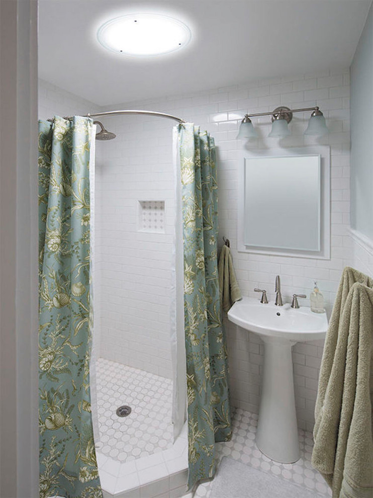 Design ideas for a medium sized traditional shower room bathroom in Los Angeles with a corner shower, grey walls, mosaic tile flooring, a pedestal sink, multi-coloured floors, a shower curtain, white tiles and metro tiles.