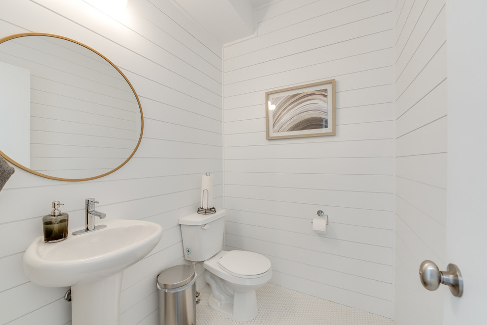 Modern inredning av ett mellanstort badrum med dusch, med en toalettstol med separat cisternkåpa, vita väggar och ett piedestal handfat