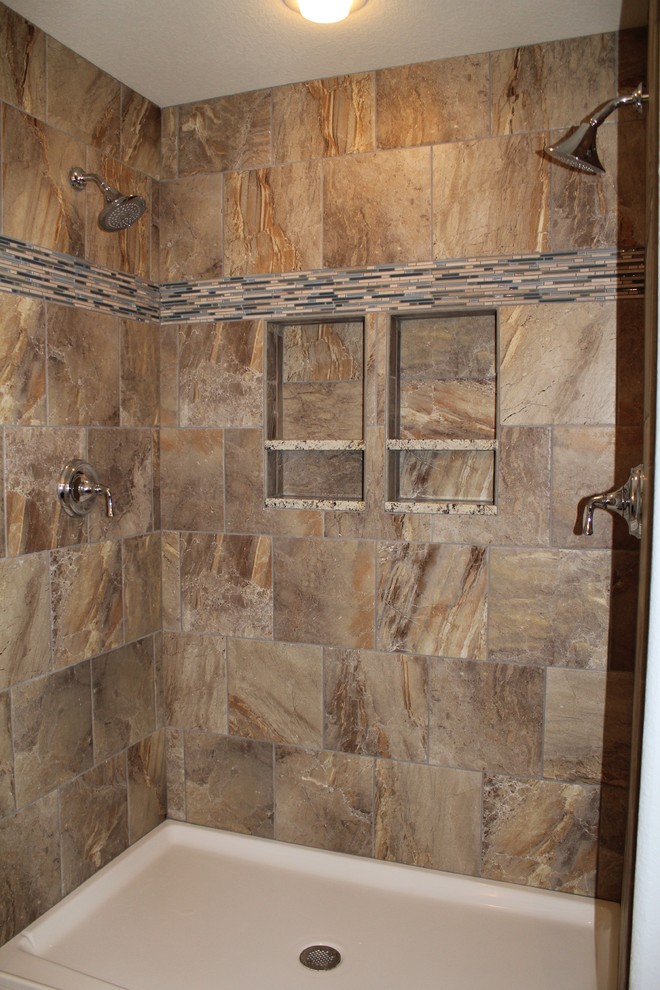 Inspiration for a craftsman beige tile, blue tile, brown tile, gray tile and ceramic tile bathroom remodel in Milwaukee