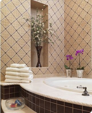 Traditional bathroom in New York with a corner bath, beige tiles, ceramic tiles and beige walls.