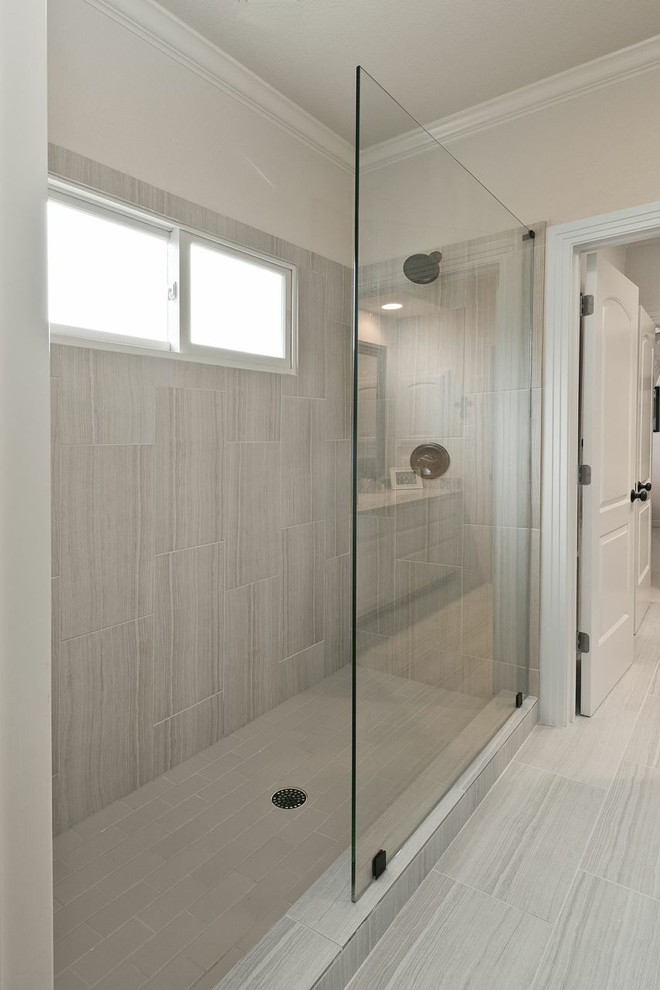 Example of a large transitional kids' gray tile and subway tile porcelain tile alcove shower design in Austin with beaded inset cabinets, white cabinets, granite countertops and gray walls