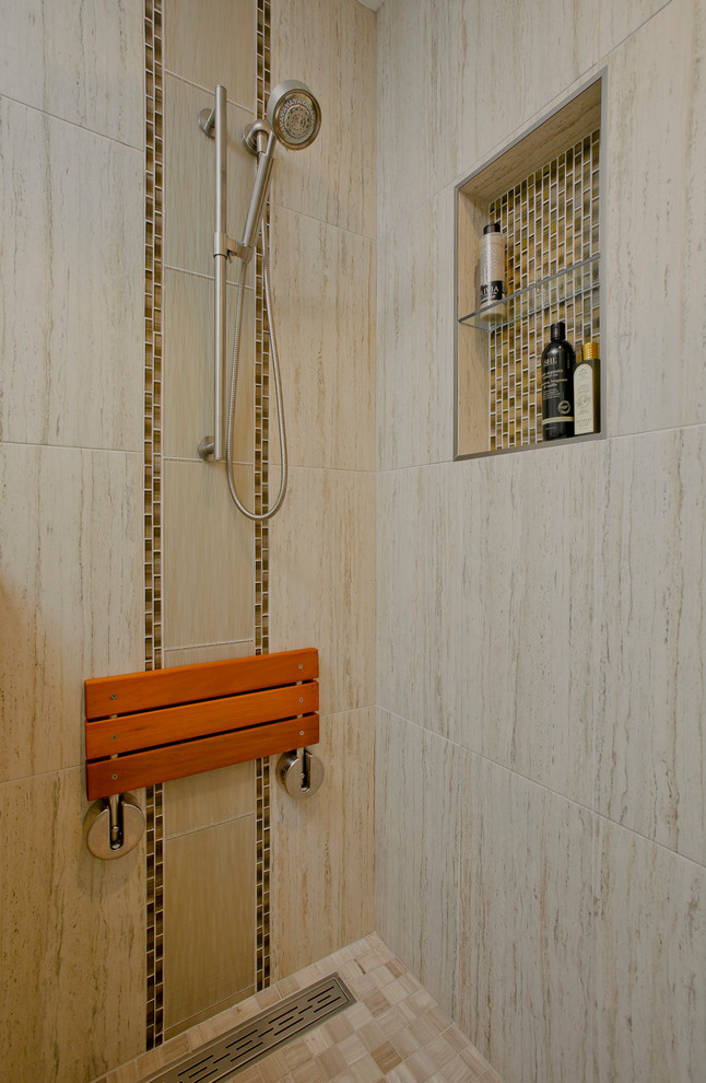 Inspiration for a mid-sized transitional master beige tile and porcelain tile porcelain tile and beige floor bathroom remodel in Baltimore with flat-panel cabinets, medium tone wood cabinets, a two-piece toilet, green walls, an undermount sink, quartz countertops and a hinged shower door