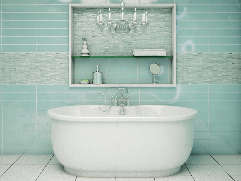 На фото: ванная комната среднего размера в современном стиле с отдельно стоящей ванной, синей плиткой, керамической плиткой и белым полом