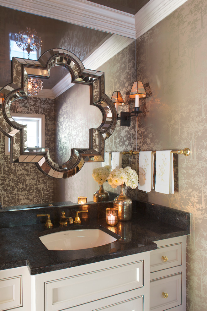 Example of a small transitional 3/4 bathroom design in New York with an undermount sink, marble countertops and brown walls