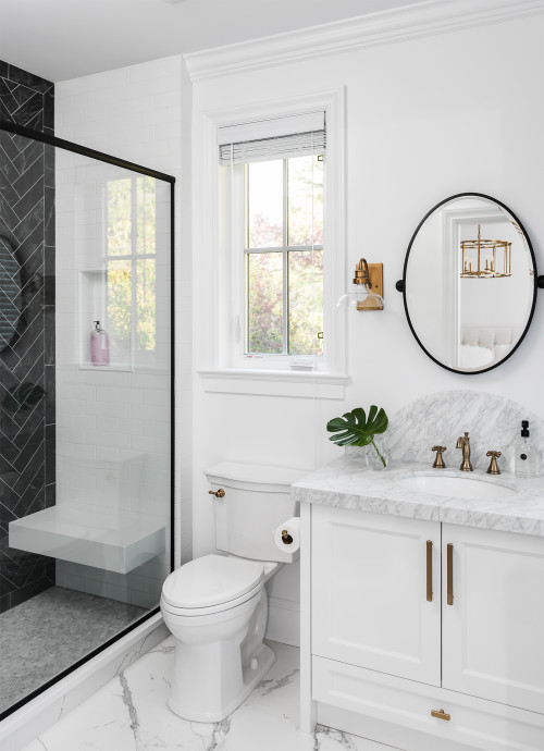 Timeless Contrast: White Country Bathroom with Shakers and Striking Black Accents