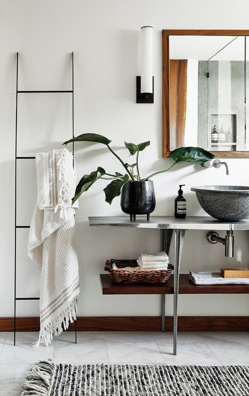 Metallic Chic: Vessel Sink Console Enhanced by Wood Bathroom Shelf Ideas