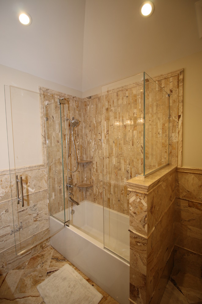 Example of a mid-sized trendy kids' beige tile and stone tile travertine floor bathroom design in New York with an undermount sink, flat-panel cabinets, brown cabinets, quartz countertops, a two-piece toilet and white walls