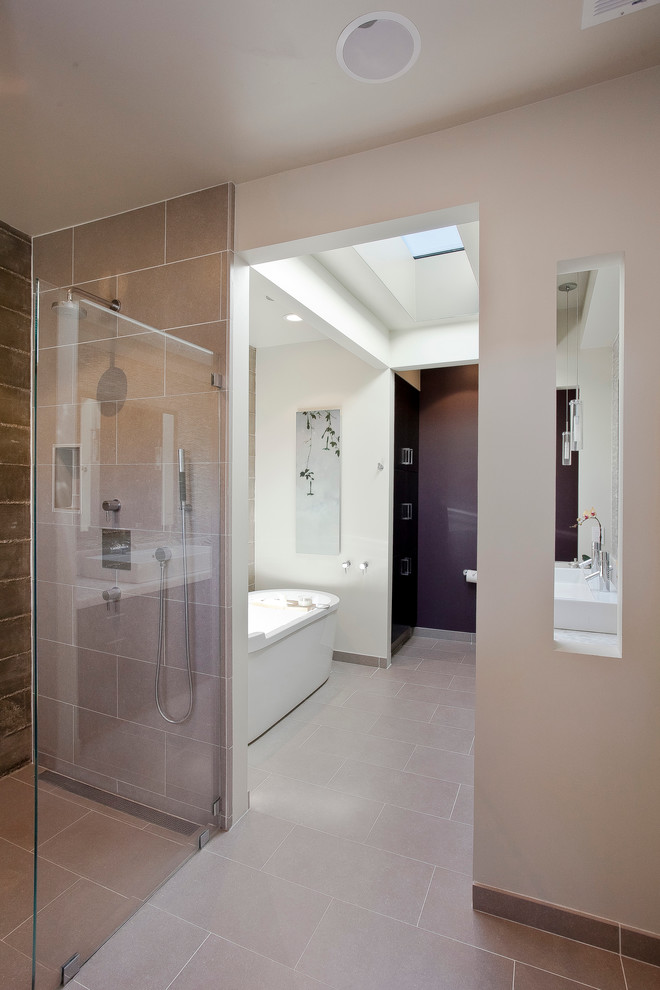 Design ideas for a modern bathroom in San Francisco with a freestanding bath.
