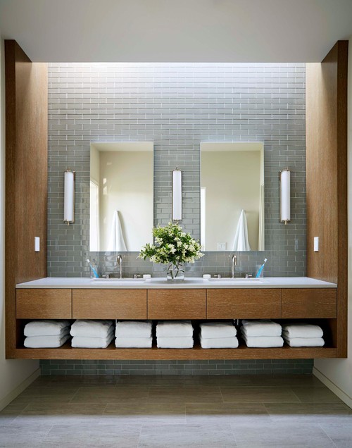 Timeless Appeal: Wood Vanity with Gray Subway Tiles for Bathroom Storage