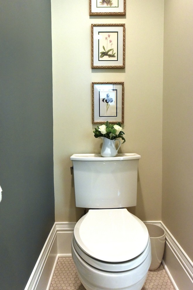 This is an example of a medium sized classic cloakroom in Other with a submerged sink, flat-panel cabinets, green cabinets, engineered stone worktops, a two-piece toilet, green tiles, metro tiles, beige walls and ceramic flooring.