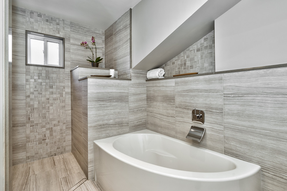 Inspiration for a medium sized classic ensuite bathroom in Toronto with shaker cabinets, distressed cabinets, a corner bath, a built-in shower, a two-piece toilet, grey tiles, porcelain tiles, grey walls, porcelain flooring, a submerged sink and solid surface worktops.