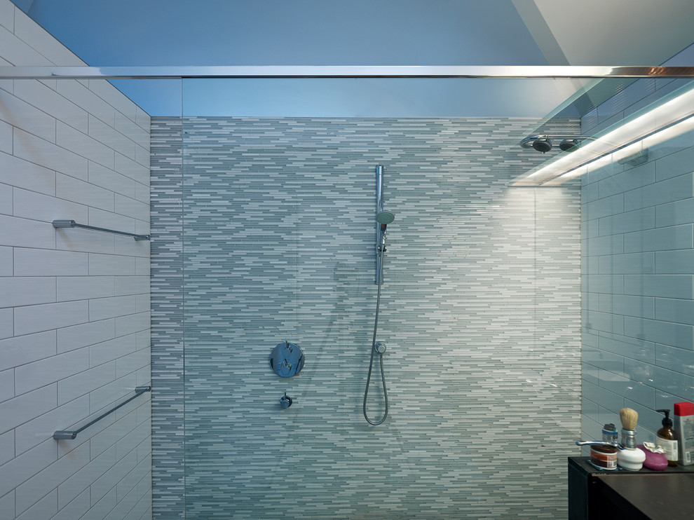 Double shower - mid-sized contemporary master gray tile and ceramic tile double shower idea in Toronto with white walls