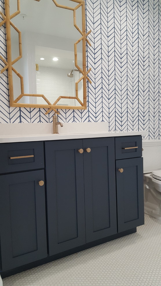 Inspiration for a mid-sized coastal master white tile painted wood floor and white floor bathroom remodel in Miami with shaker cabinets, gray cabinets, yellow walls, an undermount sink and quartzite countertops