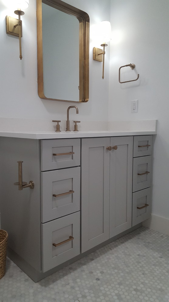 Inspiration for a mid-sized coastal master white tile painted wood floor and white floor bathroom remodel in Miami with shaker cabinets, gray cabinets, yellow walls, an undermount sink and quartzite countertops