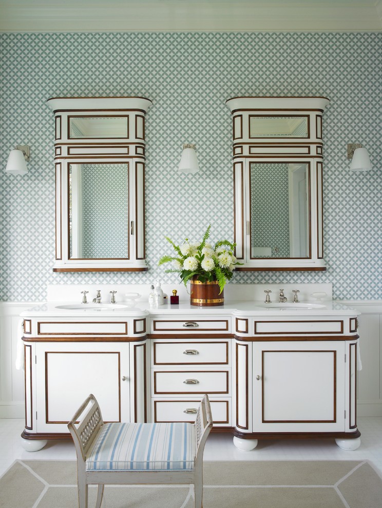 Inspiration for a coastal master bathroom remodel in New York with an undermount sink, white cabinets, multicolored walls and recessed-panel cabinets