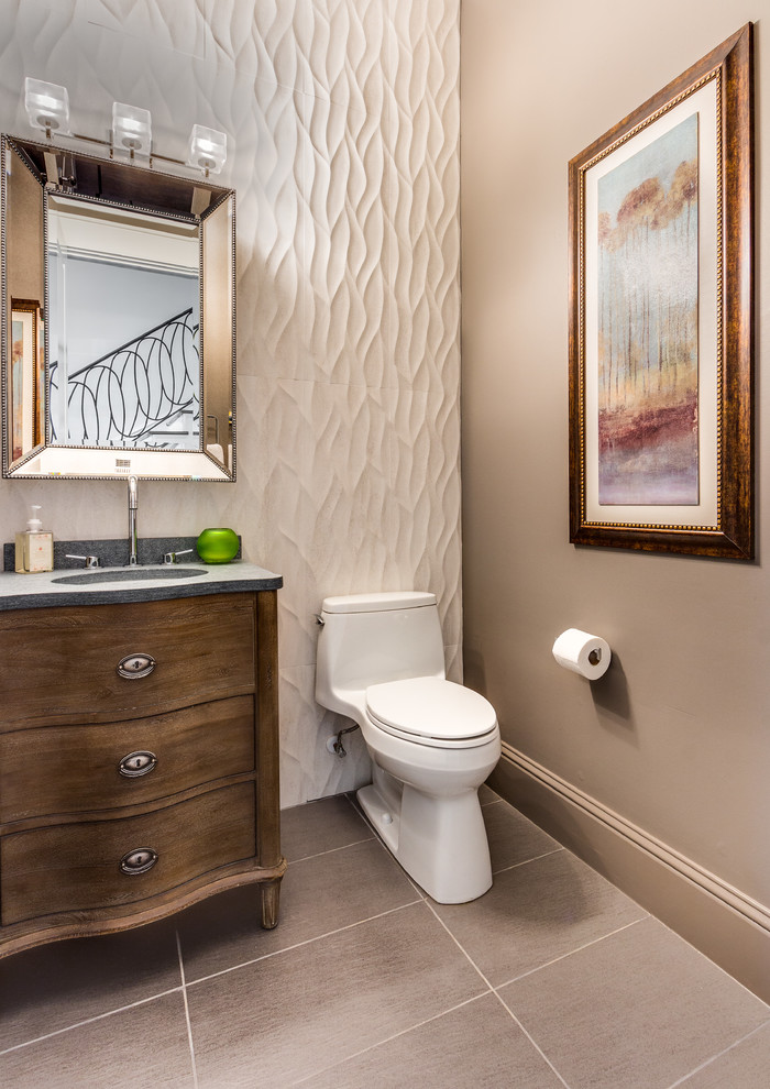 На фото: ванная комната среднего размера в стиле неоклассика (современная классика) с врезной раковиной, керамогранитной плиткой и душевой кабиной с
