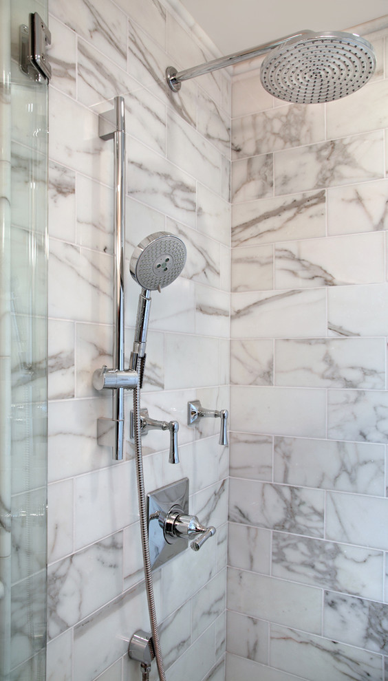 Inspiration for a small contemporary gray tile, white tile and marble tile alcove shower remodel in Other with a hinged shower door