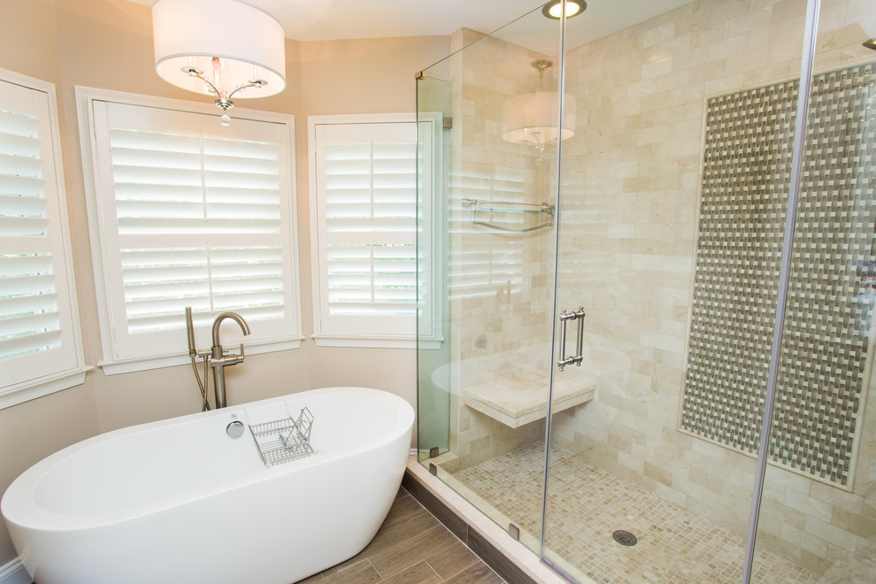 Bathroom - mid-sized traditional master beige tile and ceramic tile light wood floor bathroom idea in DC Metro with an undermount sink, beaded inset cabinets, white cabinets, granite countertops and beige walls