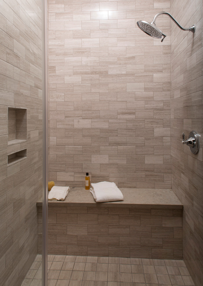 Photo of an expansive traditional ensuite bathroom in Houston with an alcove shower, metro tiles, white walls, ceramic flooring, a submerged sink, brown floors, a hinged door and a shower bench.