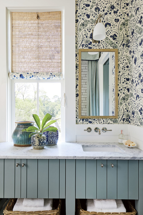 Beachside Retreat: Soft Blue Vanity and Marble Countertop - Bathroom Wallpaper Ideas