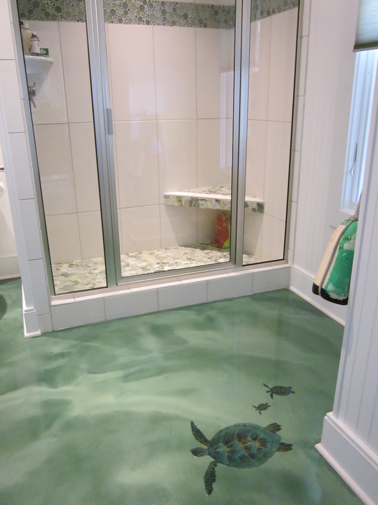 Immagine di una stanza da bagno per bambini design di medie dimensioni con doccia alcova, piastrelle bianche, piastrelle di ciottoli e pareti bianche