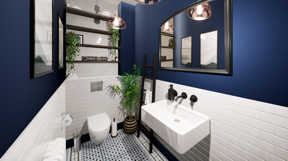 На фото: маленькая главная ванная комната в современном стиле с инсталляцией, белой плиткой, плиткой кабанчик, синими стенами, полом из керамической плитки, подвесной раковиной, столешницей из плитки, синим полом, белой столешницей и тумбой под одну раковину для на участке и в саду