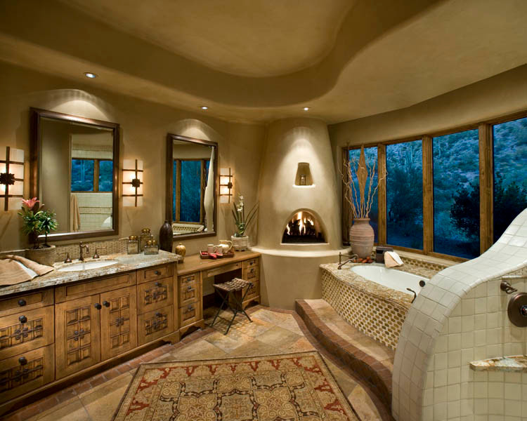 Amerikansk inredning av ett stort en-suite badrum, med möbel-liknande, skåp i ljust trä, ett undermonterat badkar, en dusch i en alkov, beige kakel, mosaik, beige väggar, kalkstensgolv, ett undermonterad handfat, granitbänkskiva, beiget golv och med dusch som är öppen