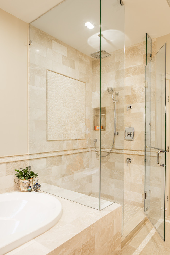 Example of a large classic master beige tile and porcelain tile porcelain tile and beige floor bathroom design in Vancouver with shaker cabinets, dark wood cabinets, a two-piece toilet, beige walls, an undermount sink, granite countertops, a hinged shower door and beige countertops