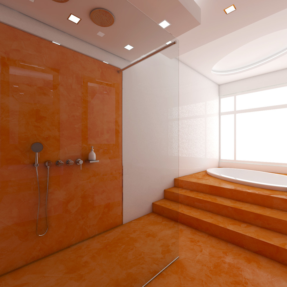 Modern inredning av ett mycket stort badrum för barn, med vita skåp, en jacuzzi, en öppen dusch, en vägghängd toalettstol, vit kakel, keramikplattor, orange väggar, ett väggmonterat handfat, orange golv och med dusch som är öppen