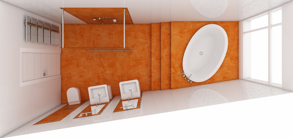 Immagine di un'ampia stanza da bagno per bambini moderna con ante bianche, vasca idromassaggio, doccia aperta, WC sospeso, piastrelle bianche, piastrelle in ceramica, pareti arancioni, lavabo sospeso, pavimento arancione e doccia aperta
