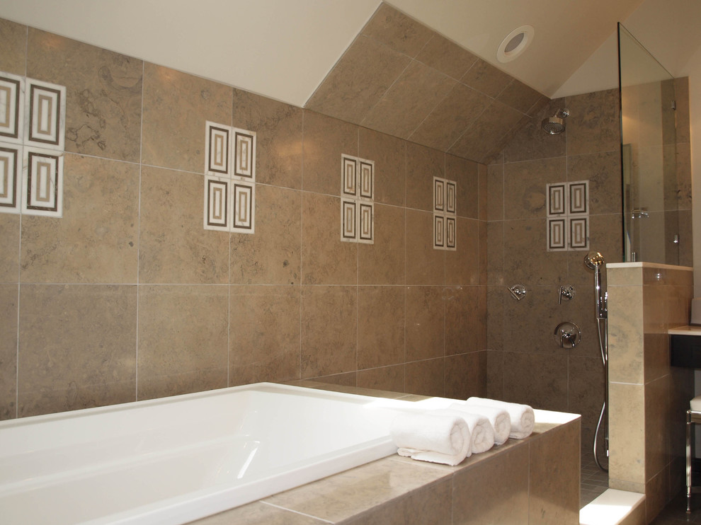 Inspiration for a mid-sized contemporary master beige tile and stone tile bathroom remodel in Chicago with beige walls
